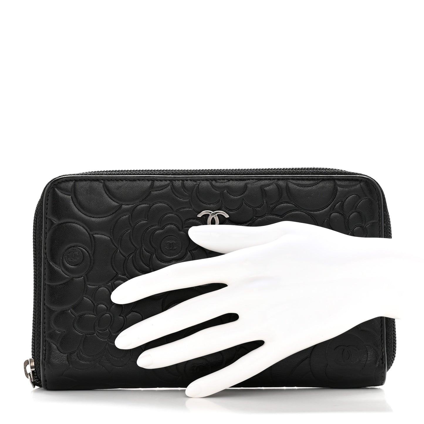 Lambskin Camellia Embossed Zip Around Organizer Wallet Black