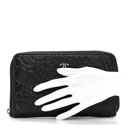 Chanel Lambskin Camellia Embossed Zip Around Organizer Wallet Black 2 of 16