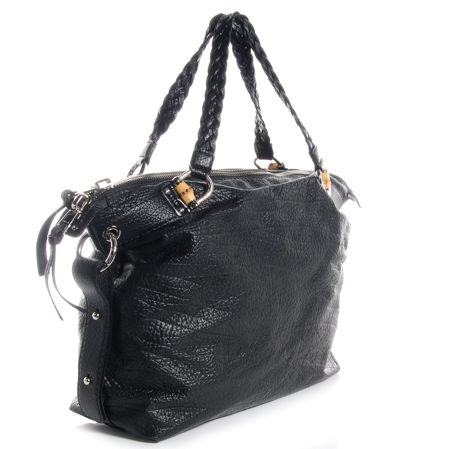 Leather Bamboo Bar Large Shoulder Bag Black