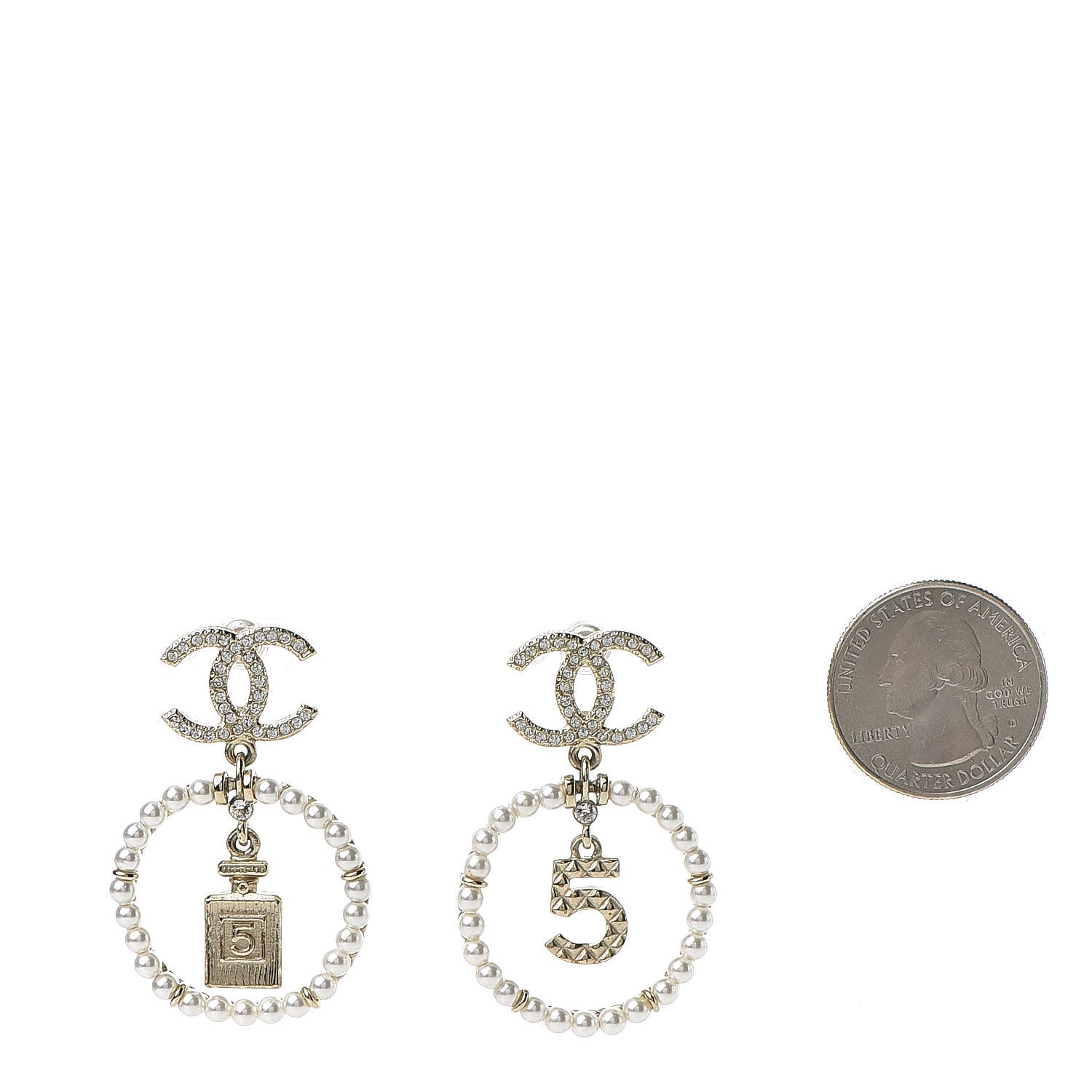 Chanel Crystal Pearl Charms CC Drop Earrings Gold 2 of 5