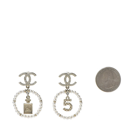 Chanel Crystal Pearl Charms CC Drop Earrings Gold 2 of 5