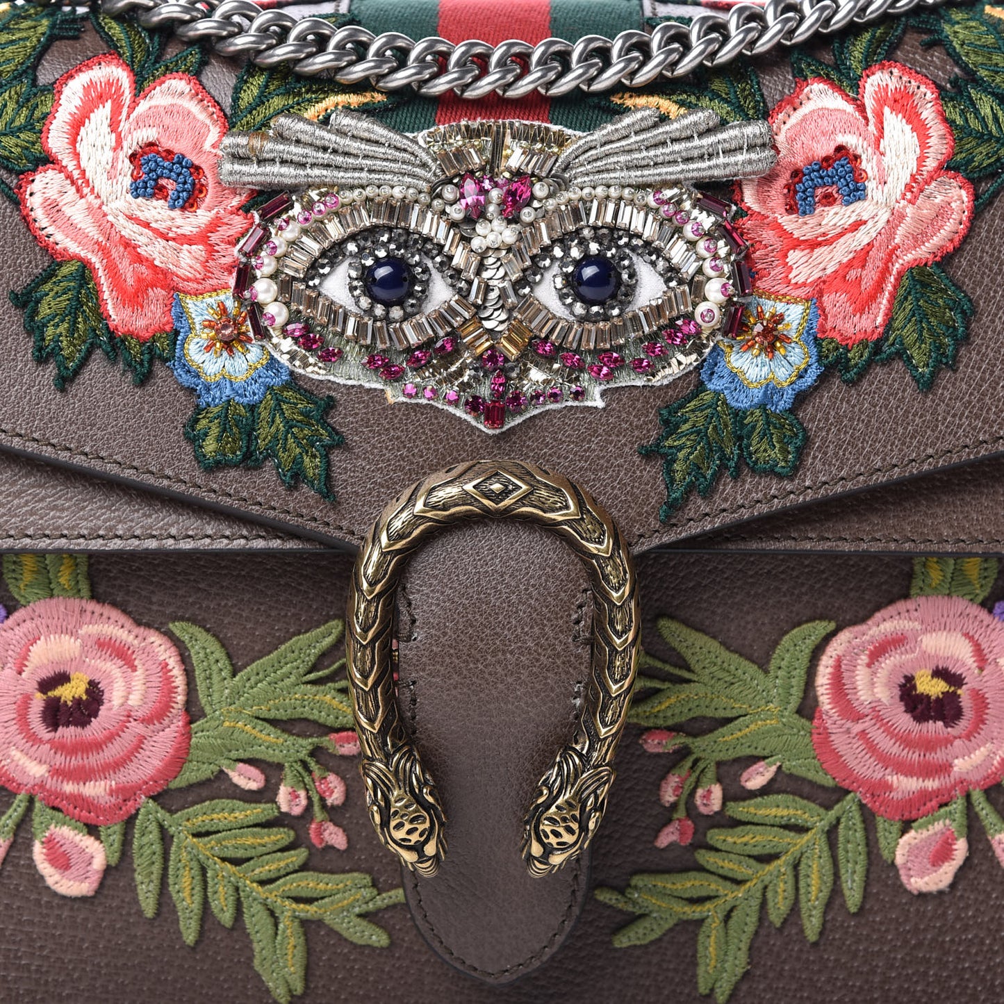 Calfskin Web Owl Embroidered Medium Dionysus Shoulder Bag New Acero Multicolor
