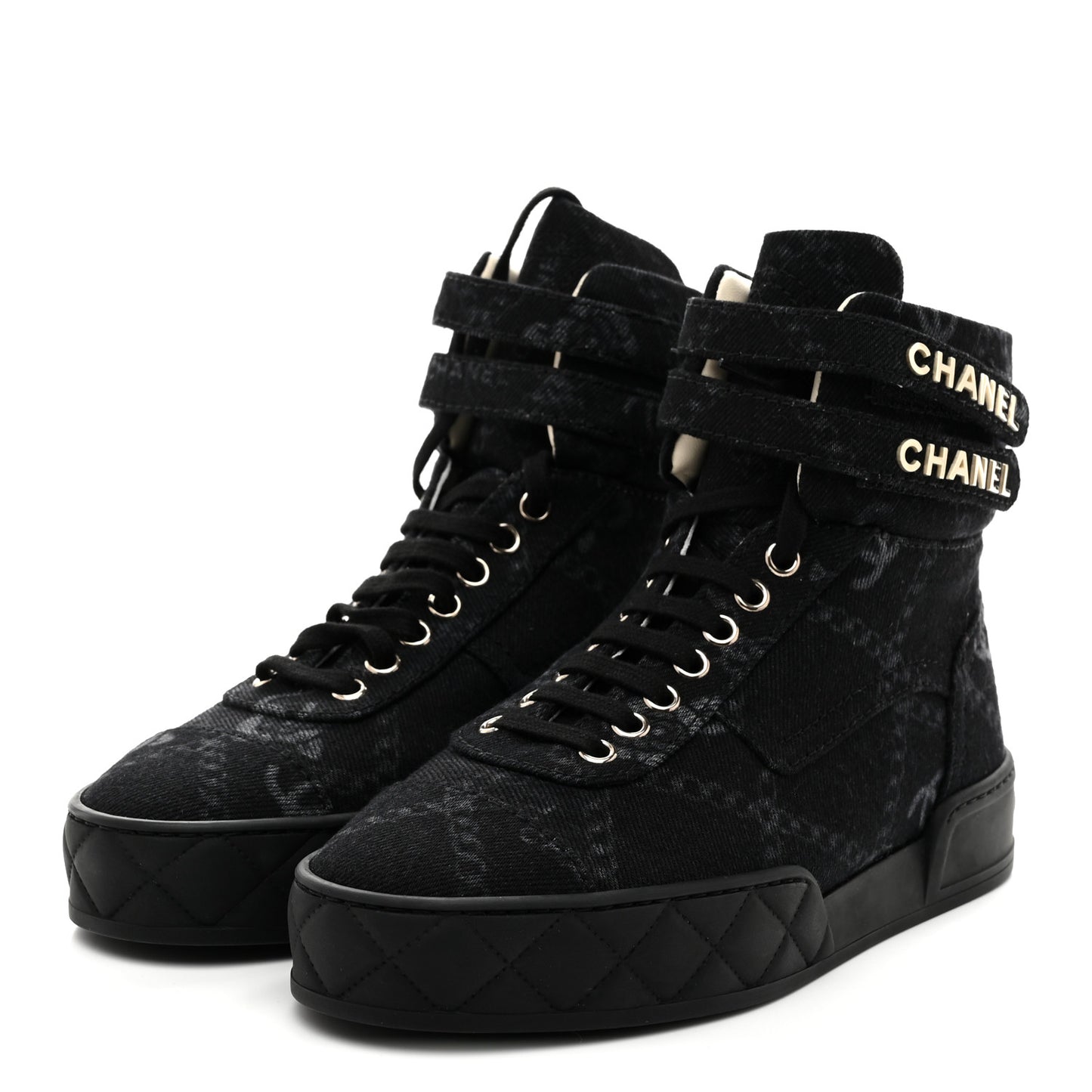 Printed Denim Logo High Top Sneakers 37.5 Black White