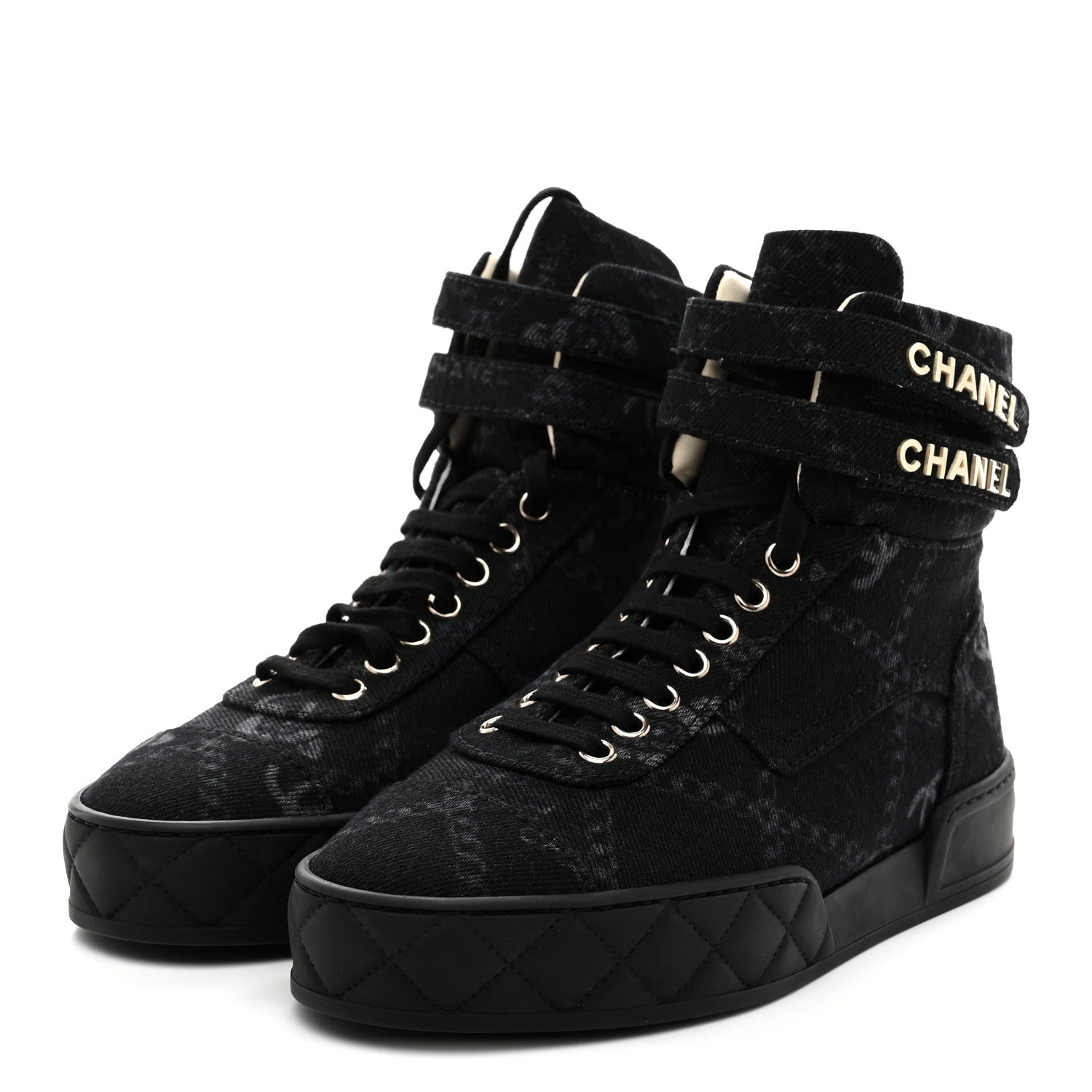 Chanel Printed Denim Logo High Top Sneakers 37.5 Black White 5 of 11