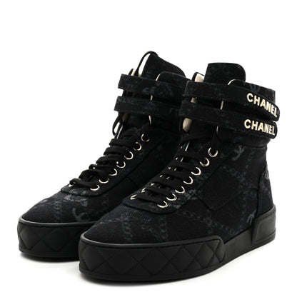 Chanel Printed Denim Logo High Top Sneakers 37.5 Black White 5 of 11