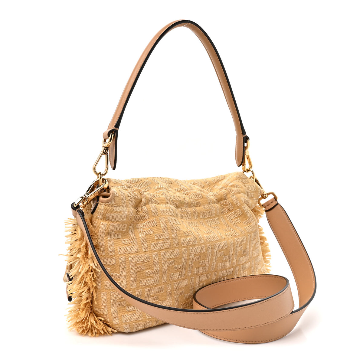 Fendi Fabric Jacquard Raffia Straw Fringe Medium Mamma Baguette Beige 2 of 9