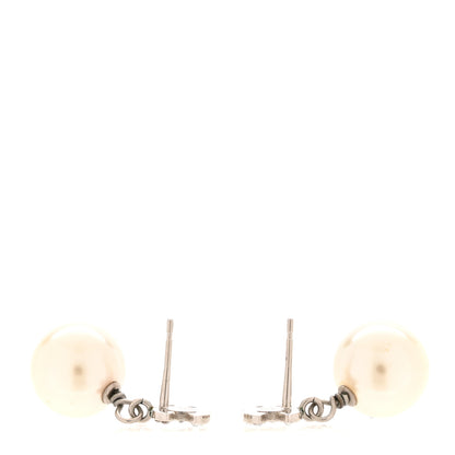 Chanel Crystal Pearl CC Drop Earrings Silver Pearly White 3 of 4