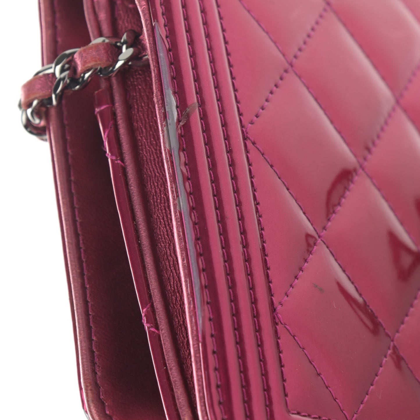 Metallic Patent Calfskin Quilted Boy Wallet On Chain WOC Fuchsia