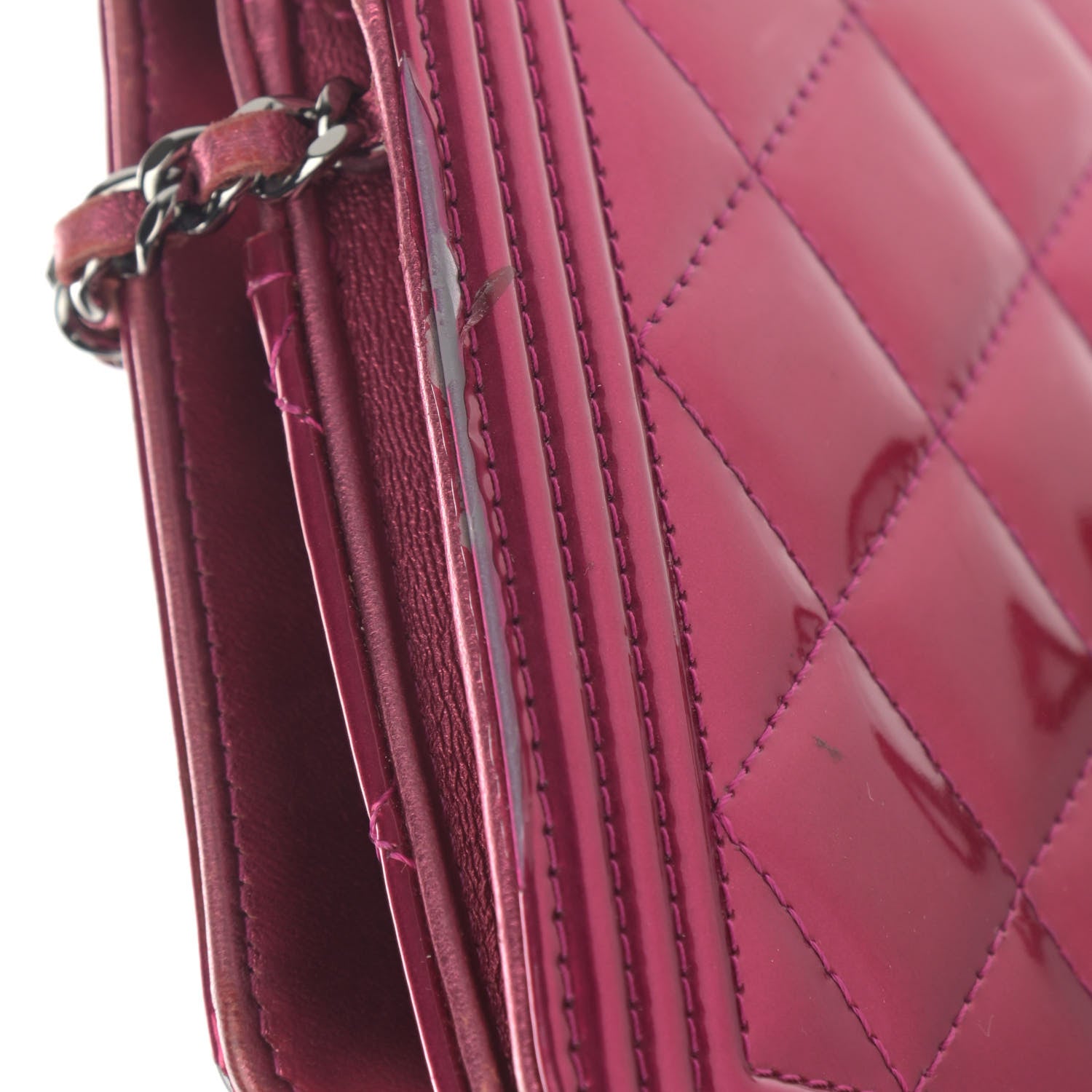 Chanel Metallic Patent Calfskin Quilted Boy Wallet On Chain WOC Fuchsia 18 of 20