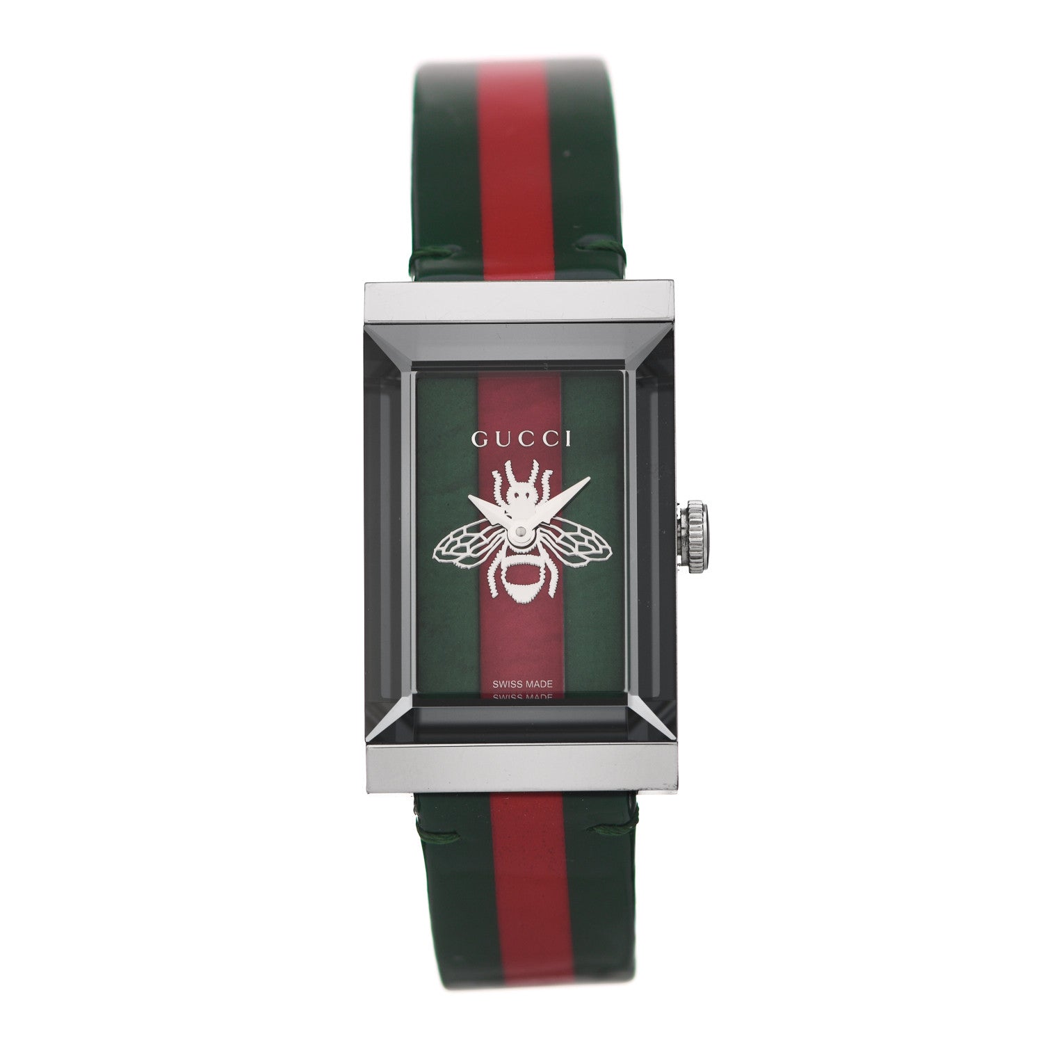 Gucci Stainless Steel Calfskin Mother of Pearl 21mm Web G-Frame Bee Quartz Watch Green 1 of 4