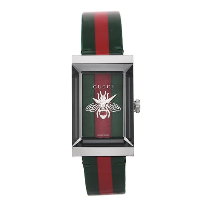 Gucci Stainless Steel Calfskin Mother of Pearl 21mm Web G-Frame Bee Quartz Watch Green 1 of 4