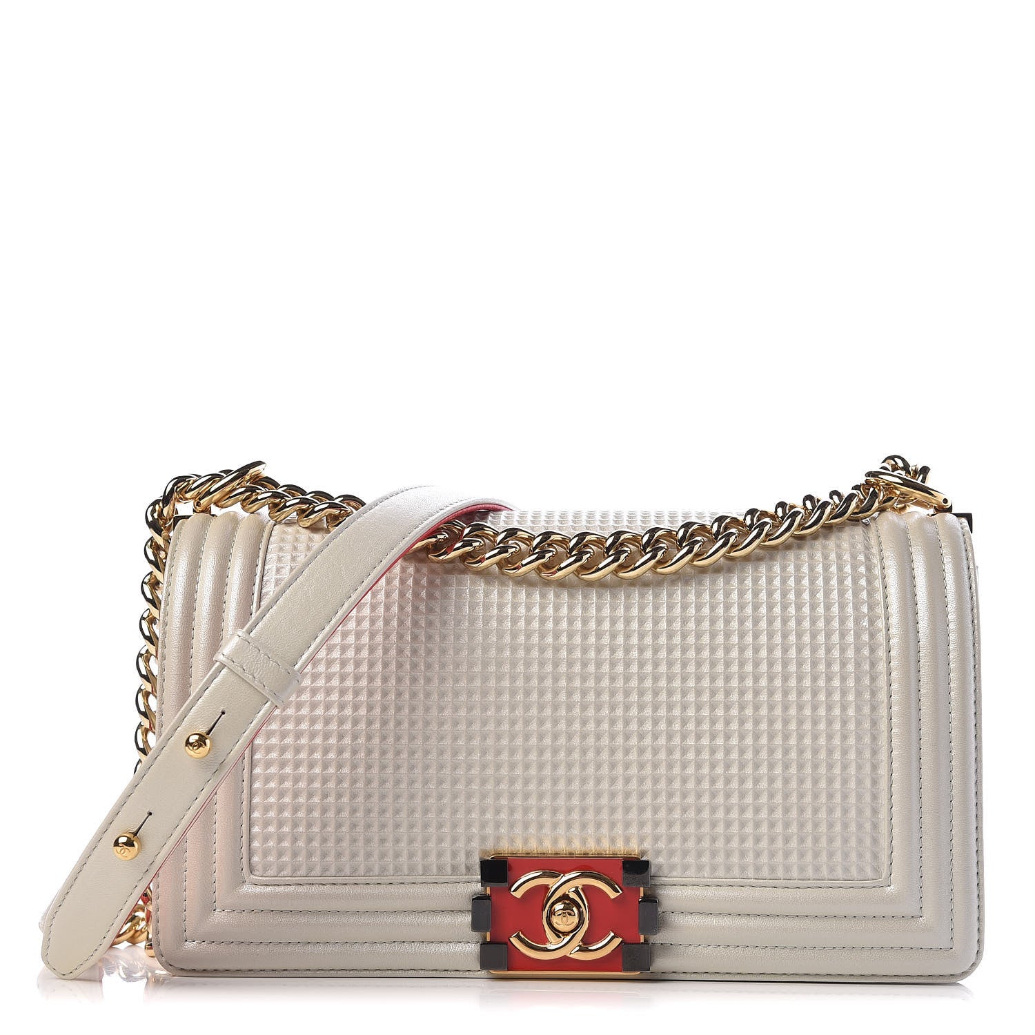 Chanel Lambskin Embossed Medium Boy Cube Flap White Red 1 of 12