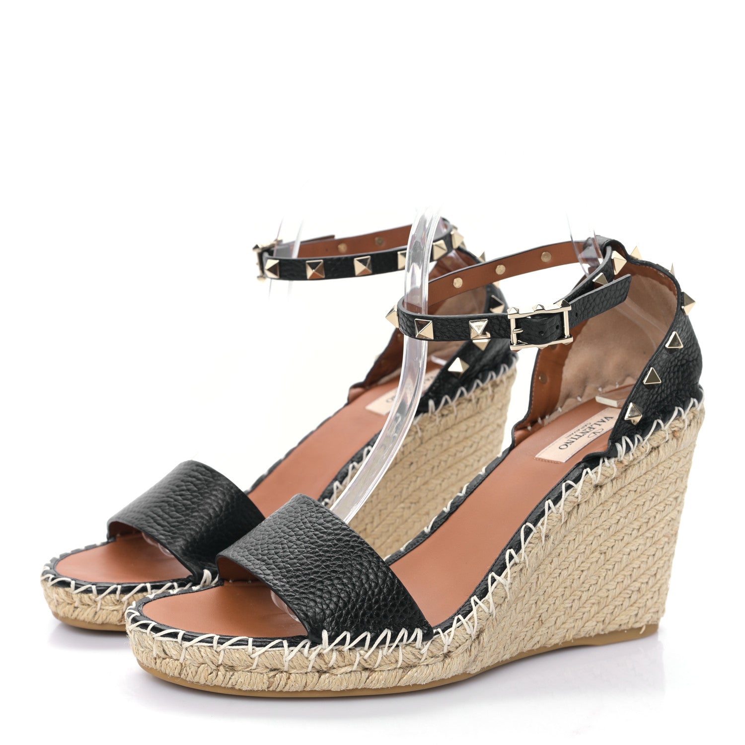 Valentino Garavani Grained Calfskin Rockstud Ankle Wrap Espadrille 15/85mm Wedges 41 Black Light Cuir 3 of 7