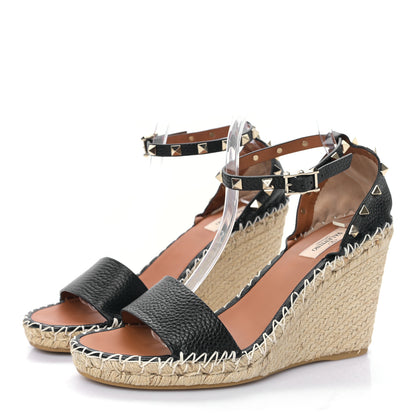 Valentino Garavani Grained Calfskin Rockstud Ankle Wrap Espadrille 15/85mm Wedges 41 Black Light Cuir 3 of 7