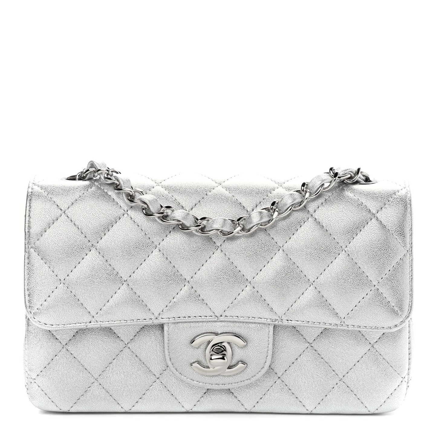 Metallic Lambskin Quilted Mini Rectangular Flap Silver
