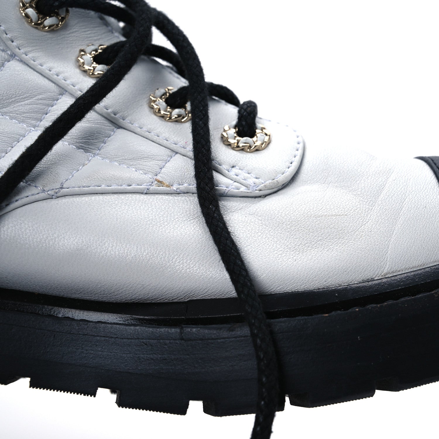 Chanel Shiny Lambskin Quilted Lace Up Combat Boots 39.5 White