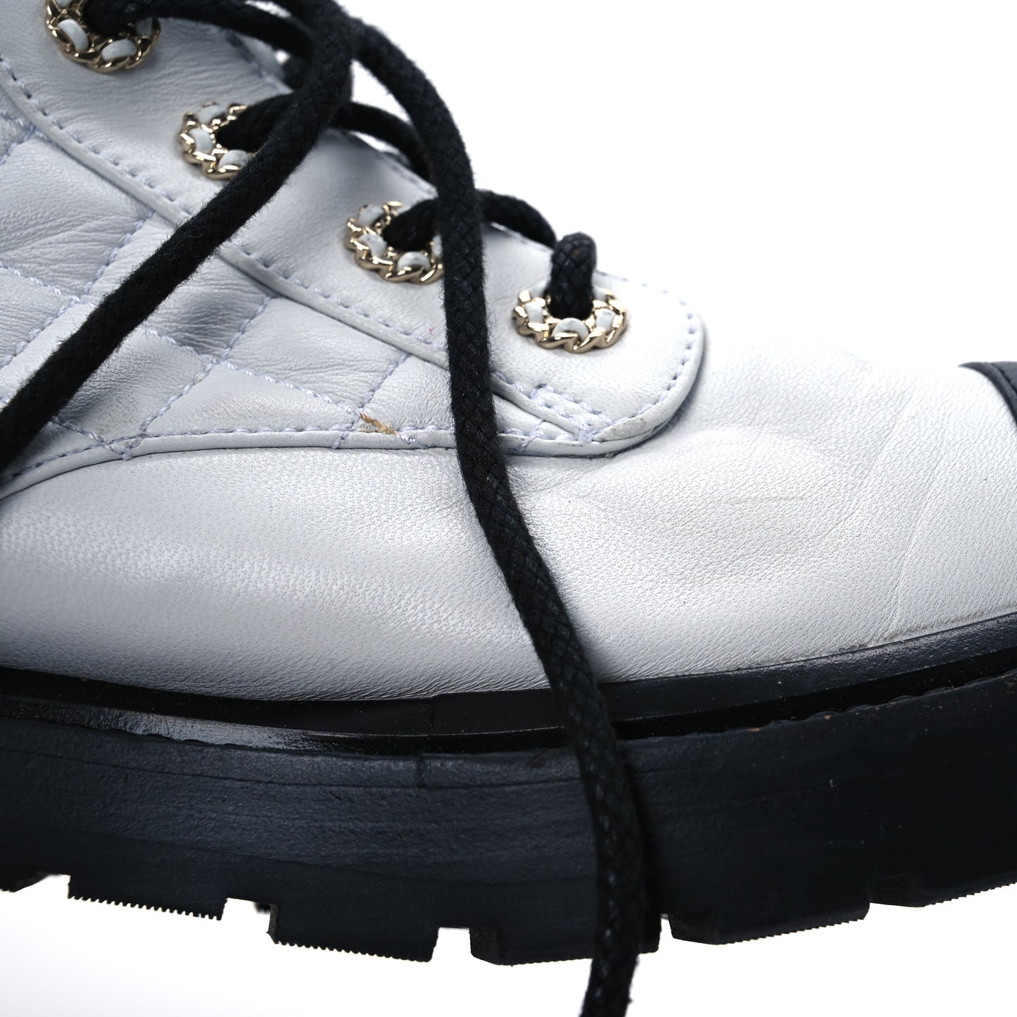 Shiny Lambskin Quilted Lace Up Combat Boots 39.5 White Black
