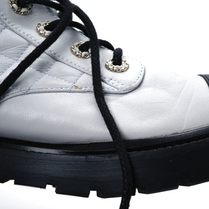 Chanel Shiny Lambskin Quilted Lace Up Combat Boots 39.5 White Black 14 of 18