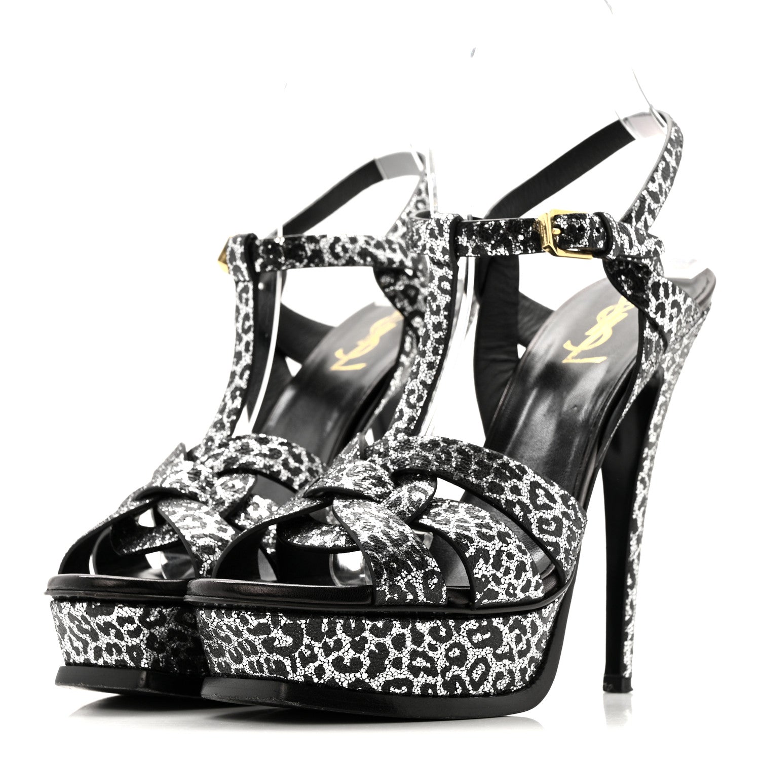 Saint Laurent Metallic Calfskin Leopard Print Tribute 105 Platform Sandals 38  Black Silver 4 of 12