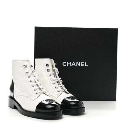 Chanel Distressed Patent Cap Toe Combat Boots 40 White Black 9 of 9