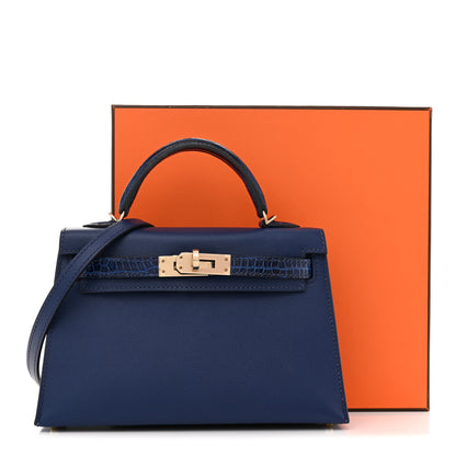 Hermes Madame Calfskin Shiny Alligator Mini Kelly Sellier Touch 20 Bleu Encre 15 of 15