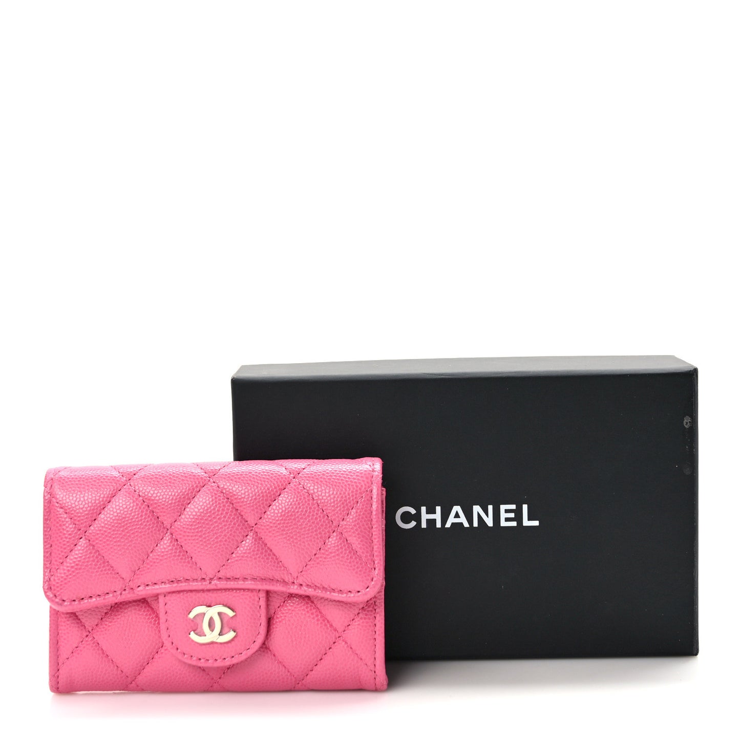 Caviar Quilted Flap Card Holder Wallet Pink