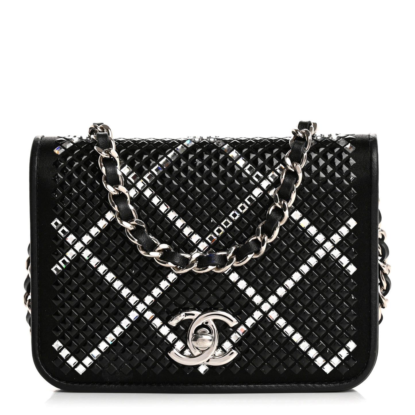 Lambskin Crystal Quilted Mini Chain Belt Bag Black