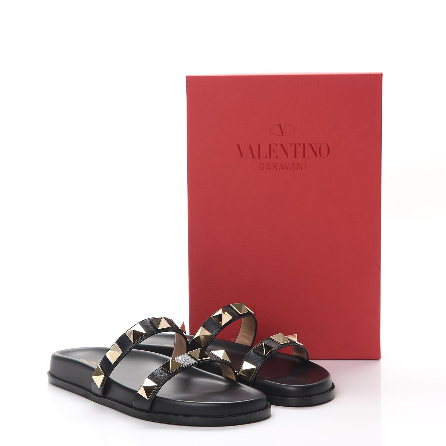 Pebbled Calfskin Macro Rockstud Lock Slide Sandals 39 Black