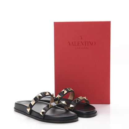 Valentino Garavani Pebbled Calfskin Macro Rockstud Lock Slide Sandals 39 Black 9 of 9