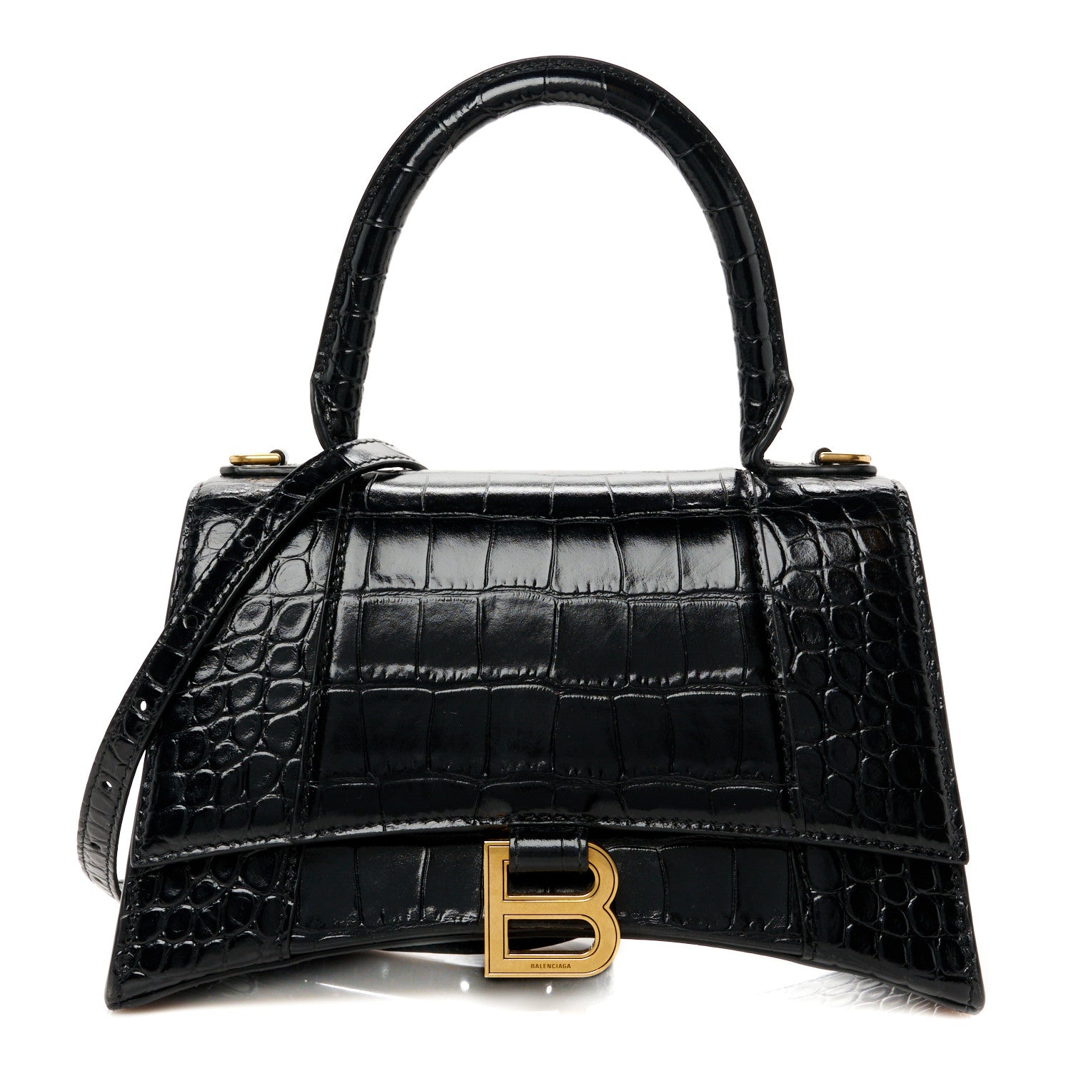 Balenciaga Shiny Calfskin Crocodile Embossed Small Hourglass Top Handle Bag Black 1 of 10