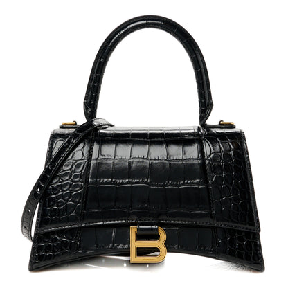 Balenciaga Shiny Calfskin Crocodile Embossed Small Hourglass Top Handle Bag Black 1 of 10