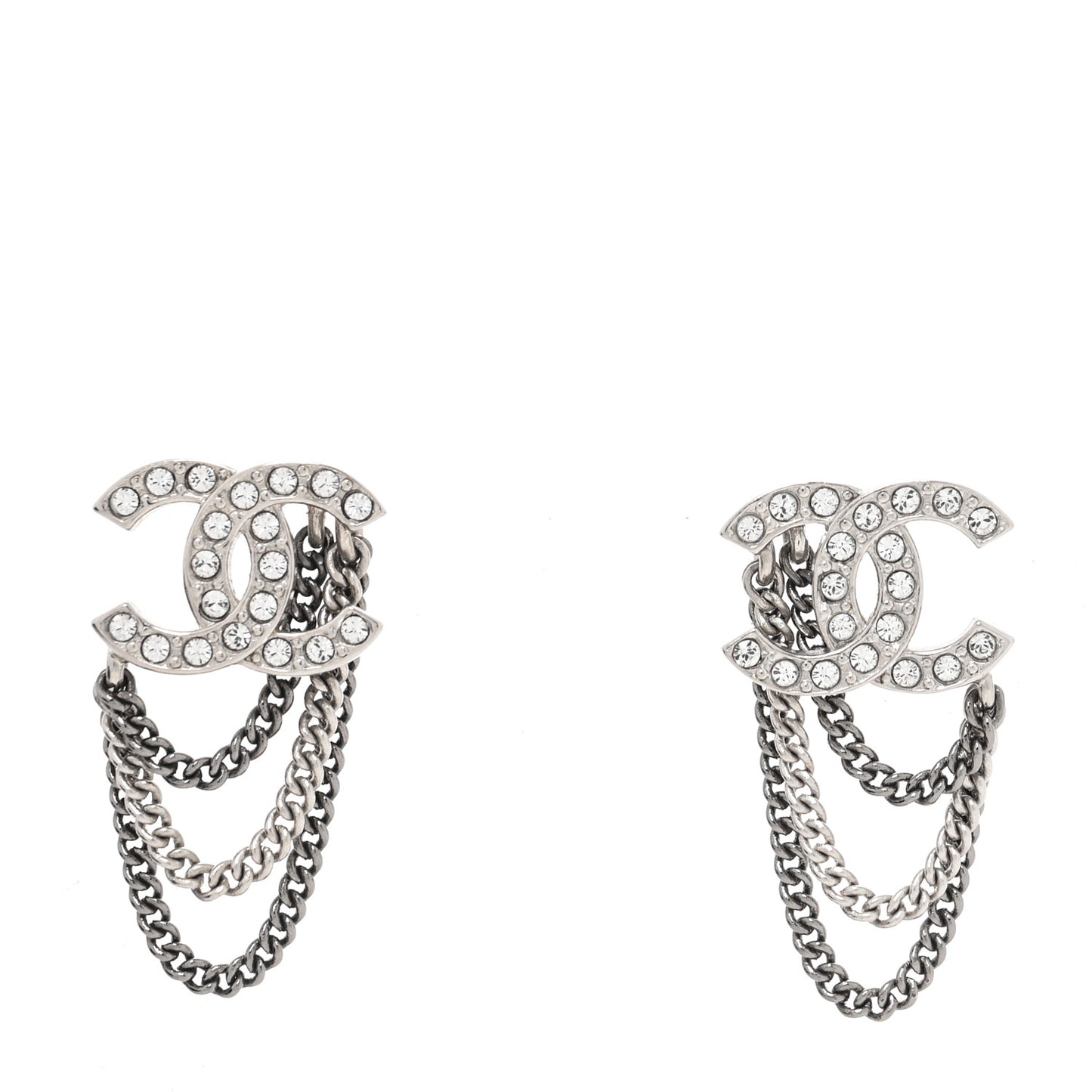 Crystal Chain CC Earrings Silver
