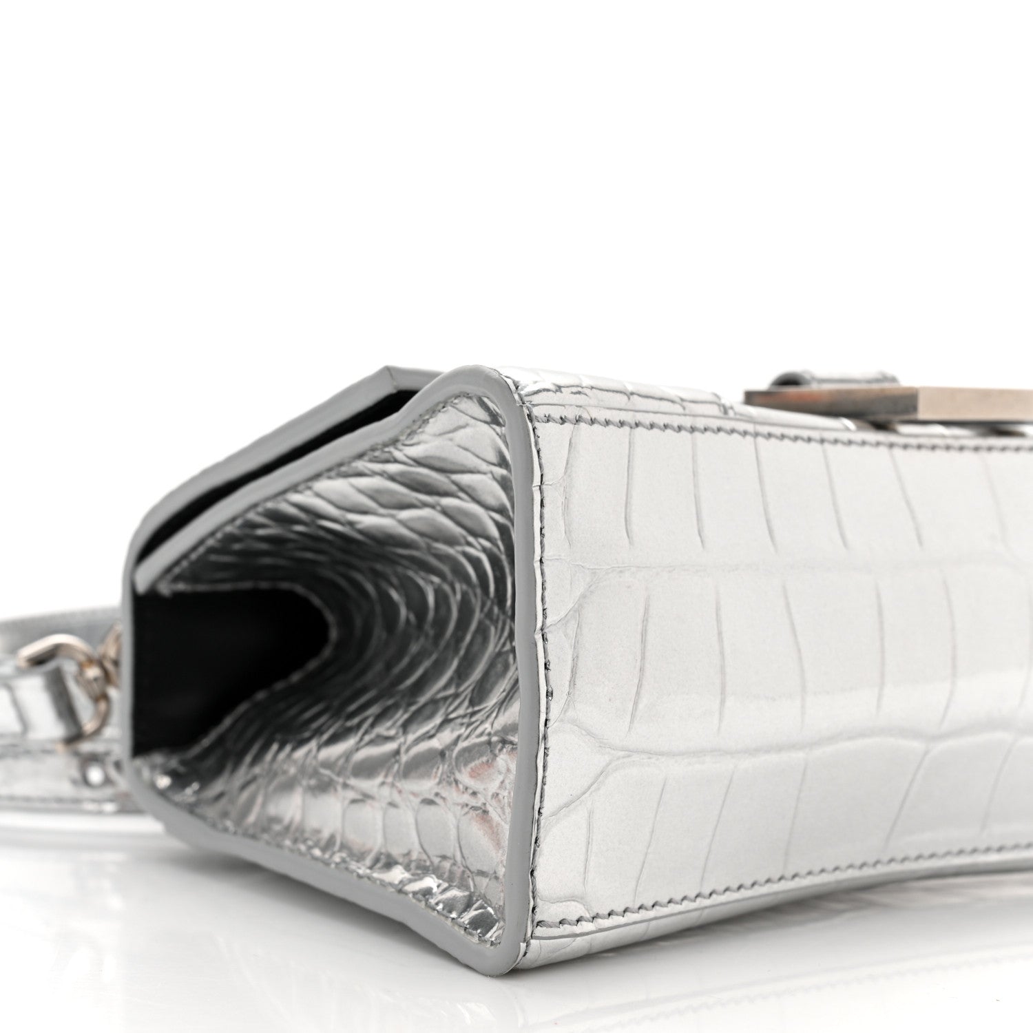 Balenciaga Metallic Calfskin Crocodile Embossed Hourglass Top Handle Bag XS Silver 10 of 12
