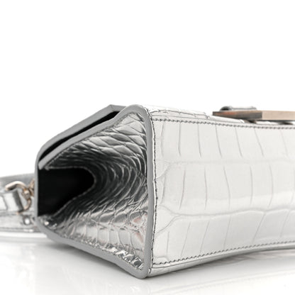 Balenciaga Metallic Calfskin Crocodile Embossed Hourglass Top Handle Bag XS Silver 10 of 12