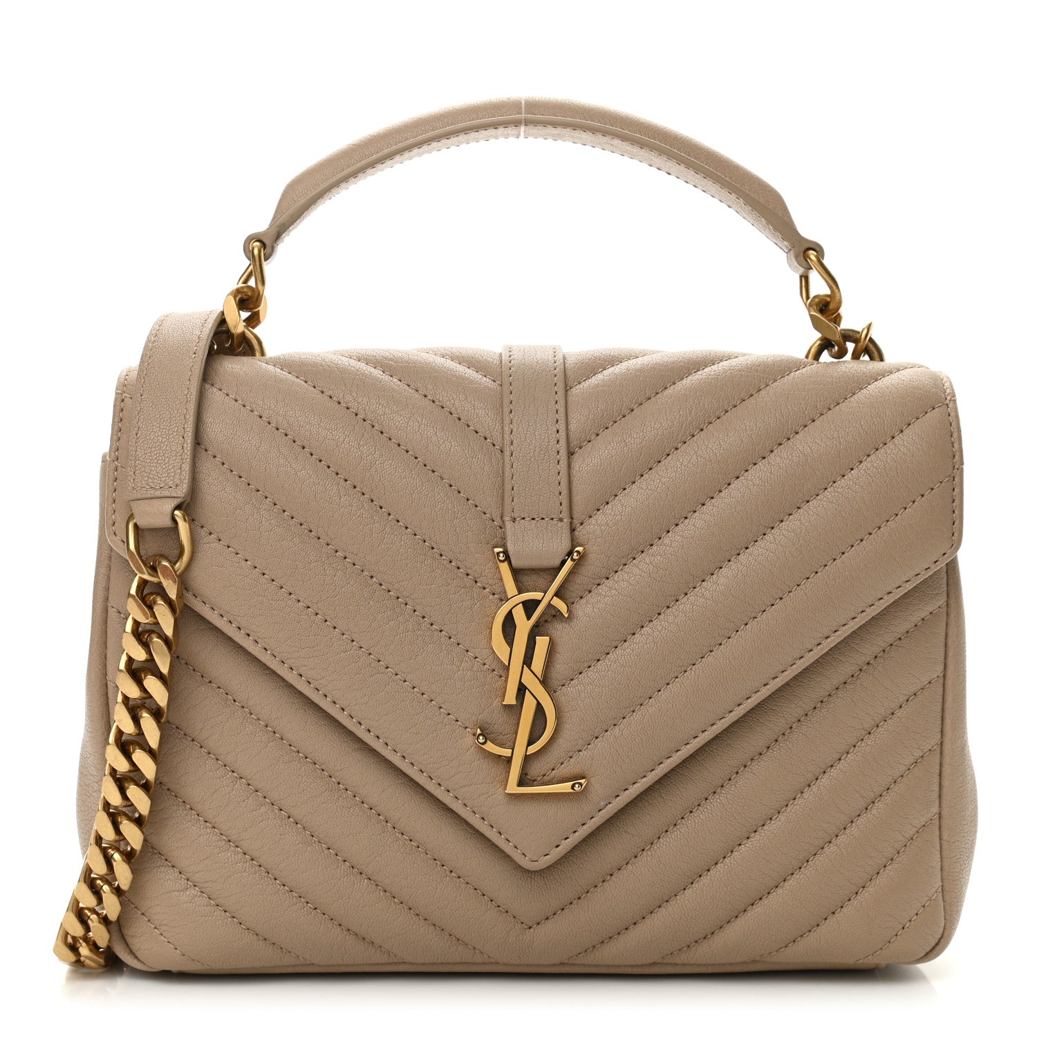 Saint Laurent Sheepskin Matelasse Chevron Monogram Medium College Bag Dark Beige 1 of 9