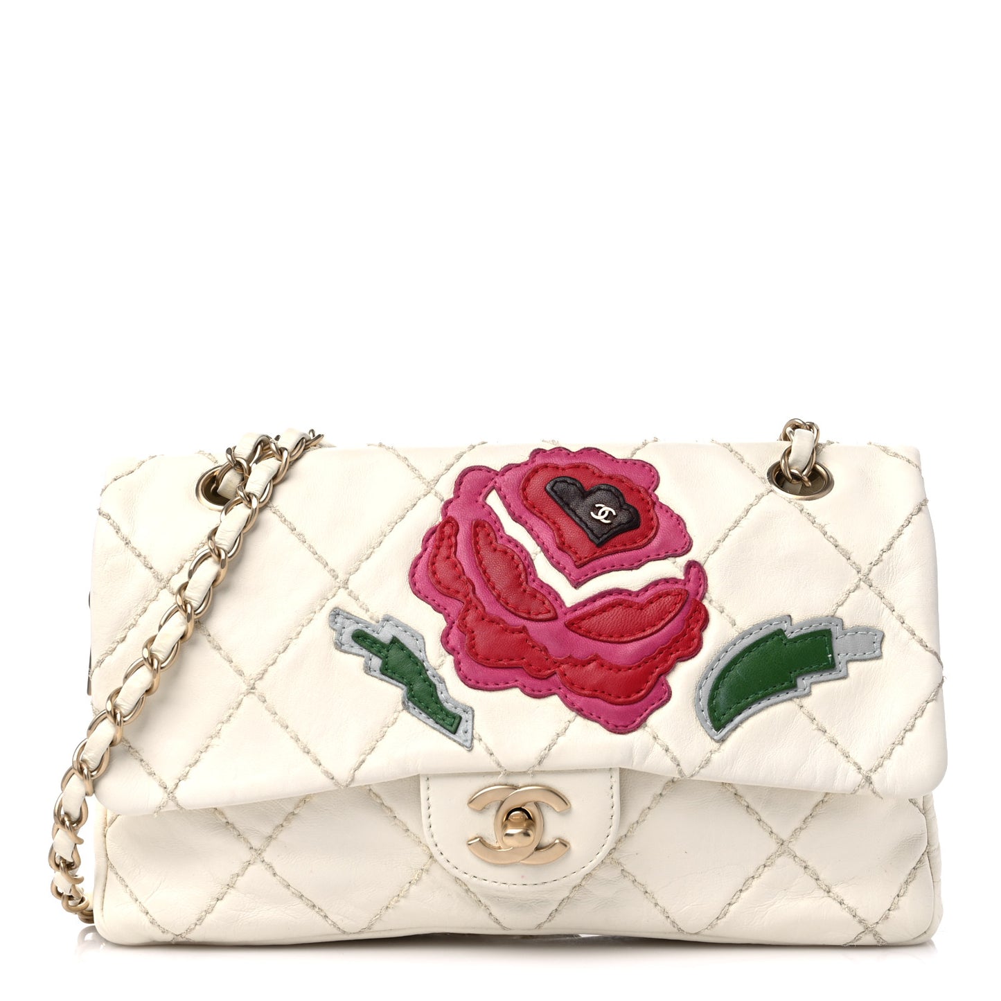 Lambskin Quilted Flower Patch Single Flap White