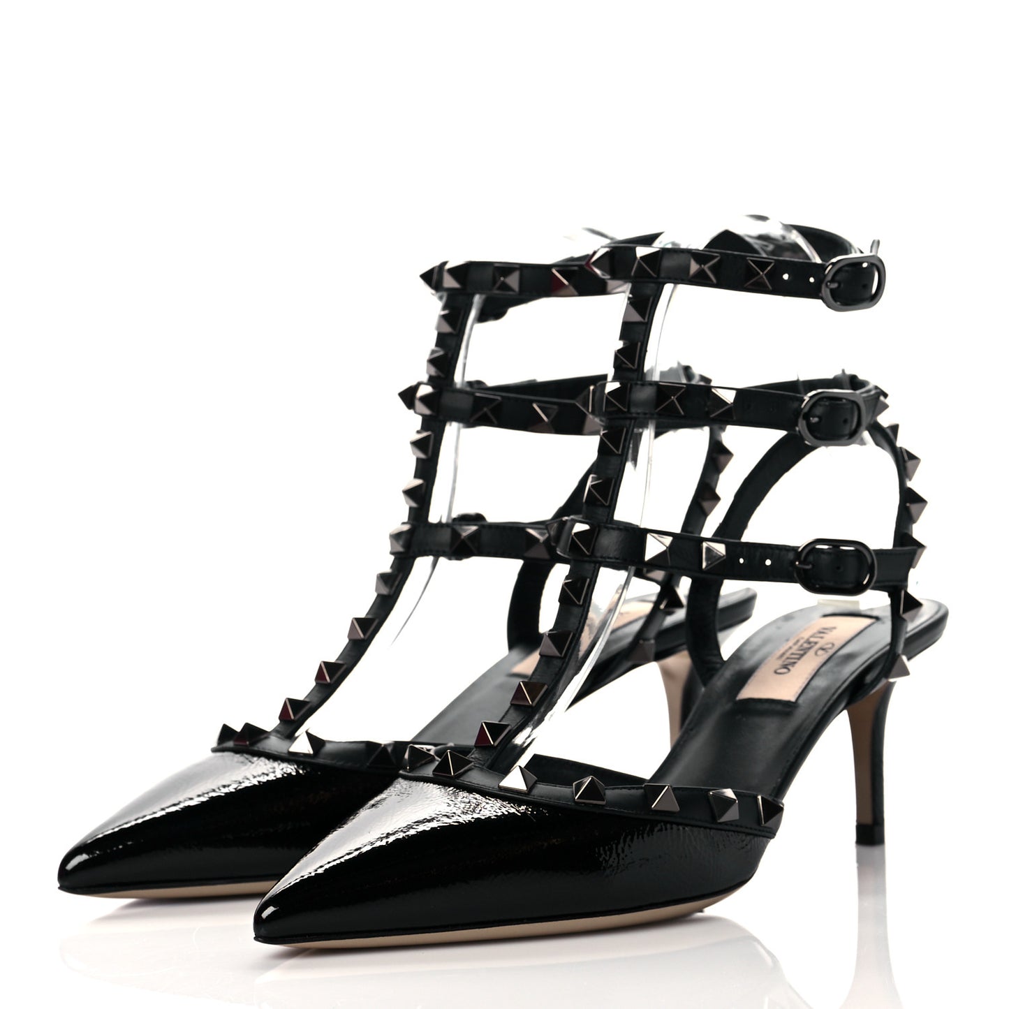 Crinkled Patent Rockstud Ankle Strap 65mm Pumps 36.5 Black