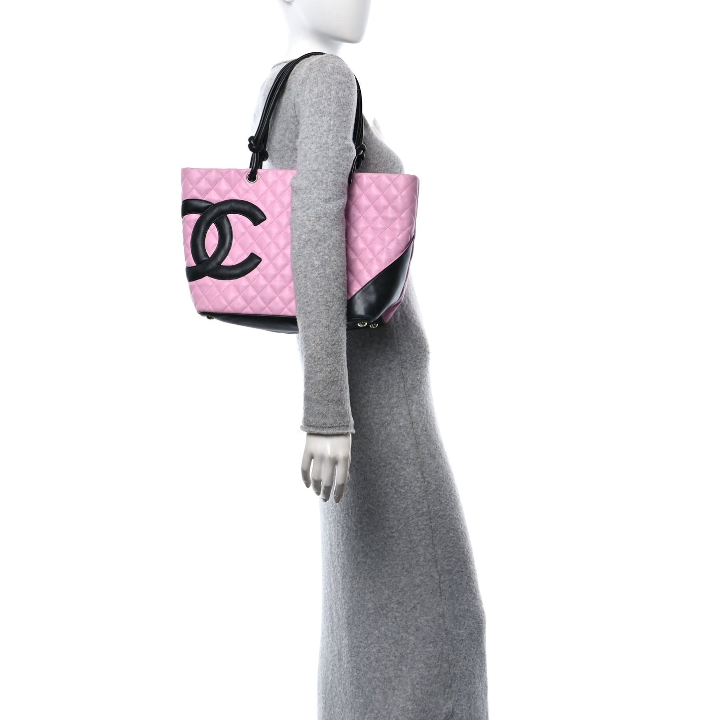 Calfskin Quilted Large Cambon Tote Pink Black