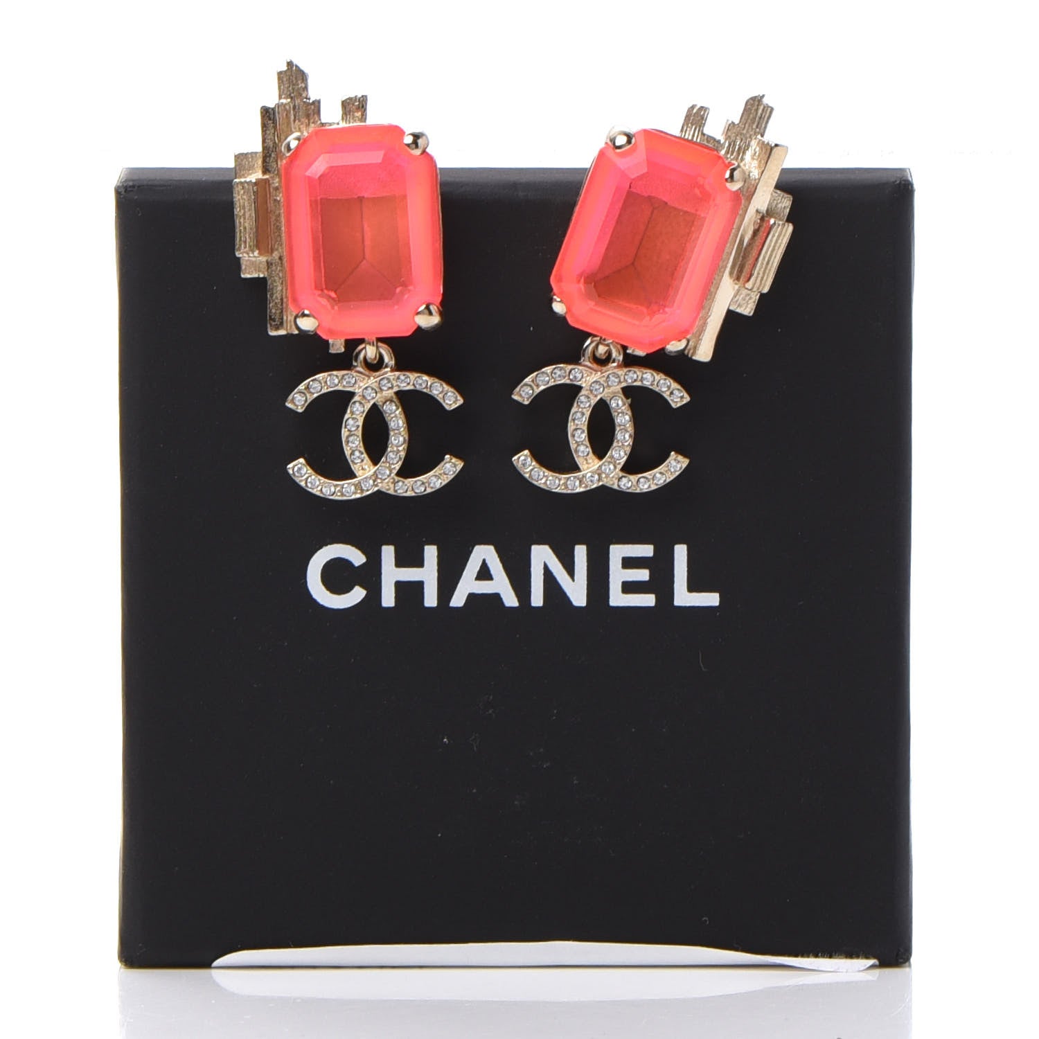 Chanel Metal Crystal CC Earrings Gold Pink 5 of 5