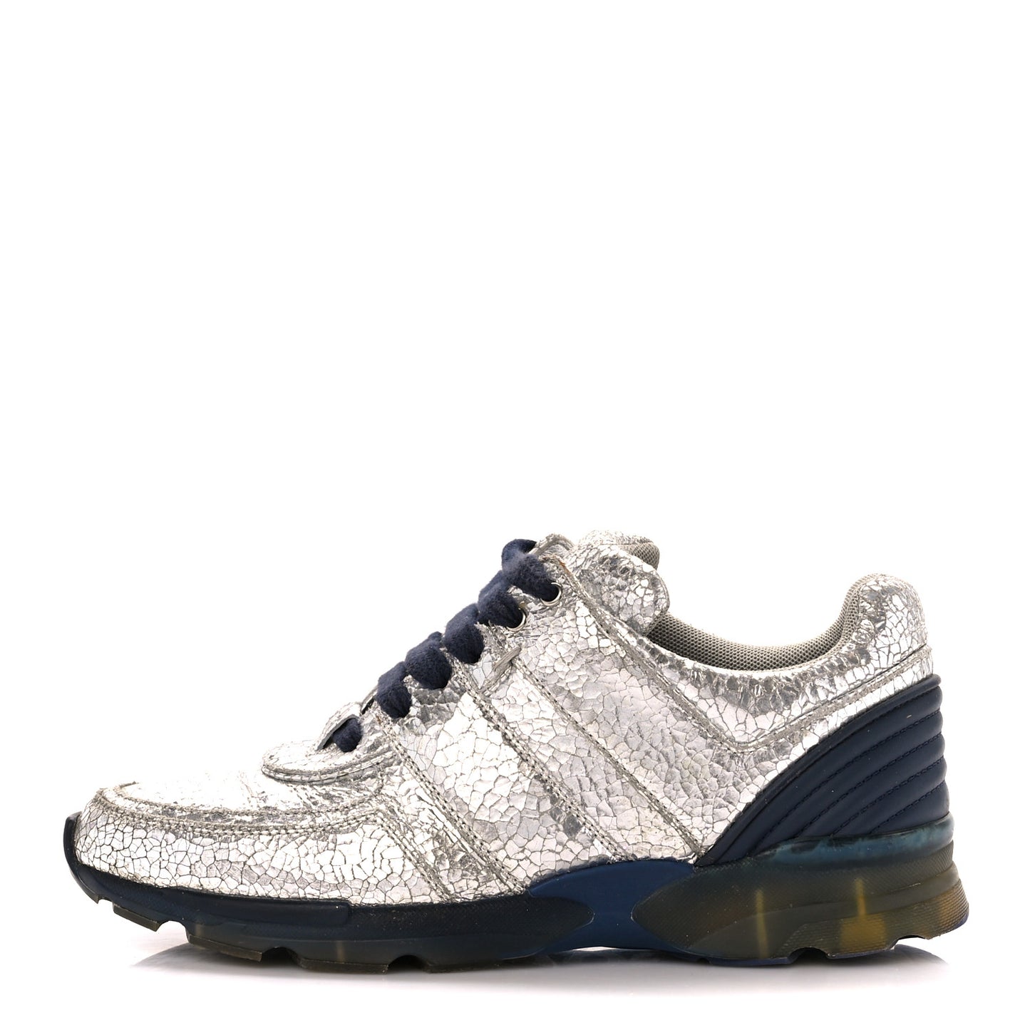 Metallic Crackled Calfskin CC Sneakers 38.5 Silver Black Navy