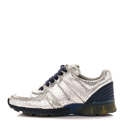 Chanel Metallic Crackled Calfskin CC Sneakers 38.5 Silver Black Navy 1 of 10