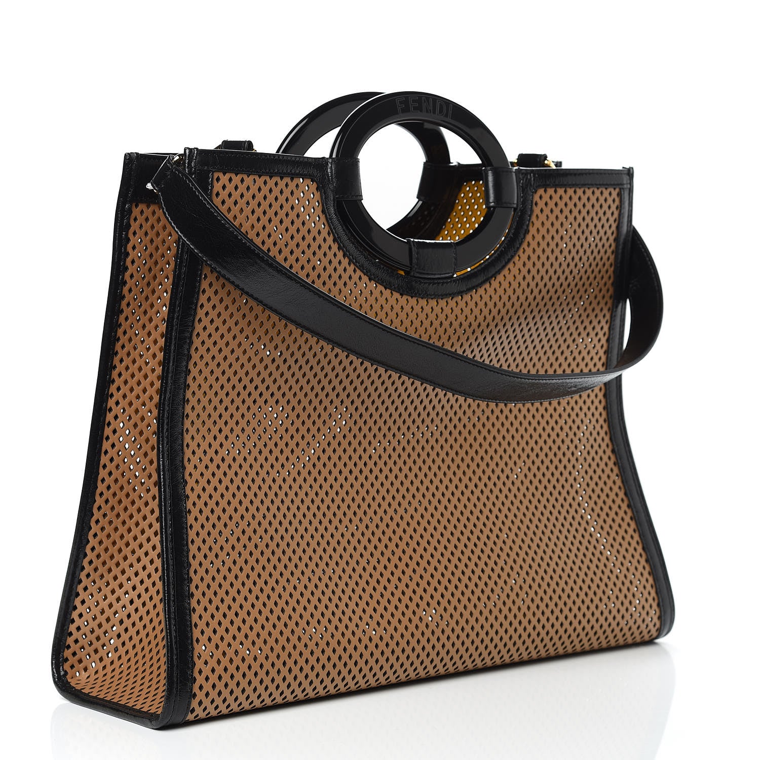 Fendi Vitello Liberty Glossy Lambskin Perforated Medium Runaway Shopper Tote Sand Mimosa Black 3 of 9