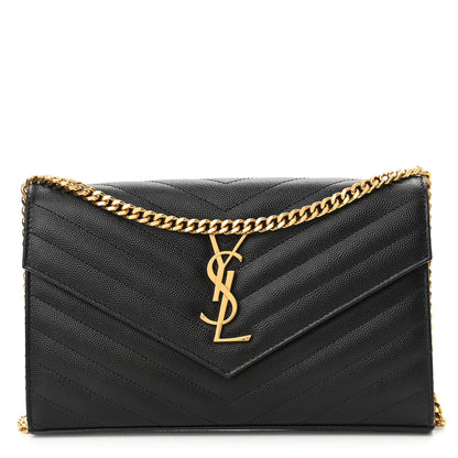 Saint Laurent Grain De Poudre Matelasse Chevron Monogram Chain Wallet Black 1 of 10