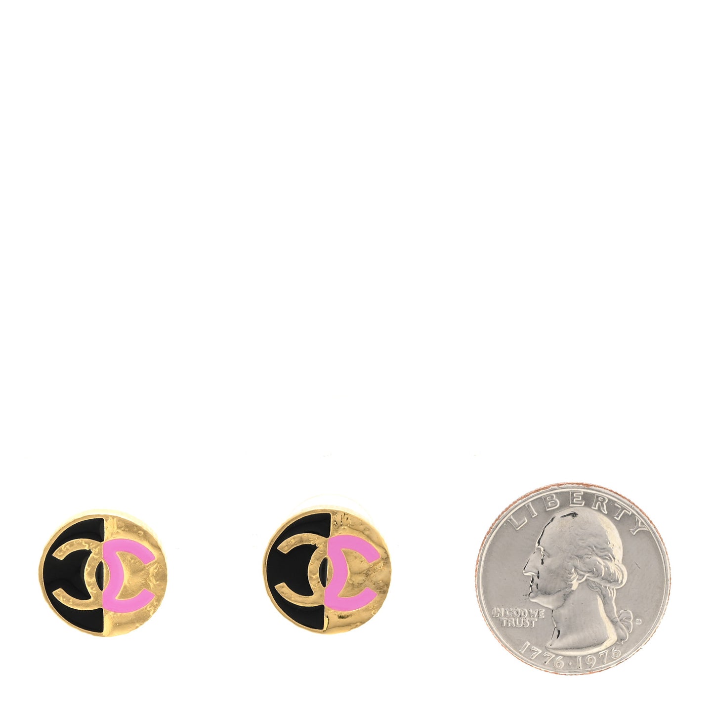 Metal Enamel CC Round Earrings Gold Pink Black