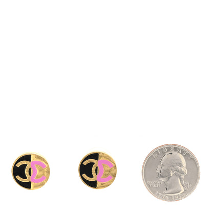 Chanel Metal Enamel CC Round Earrings Gold Pink Black 2 of 5