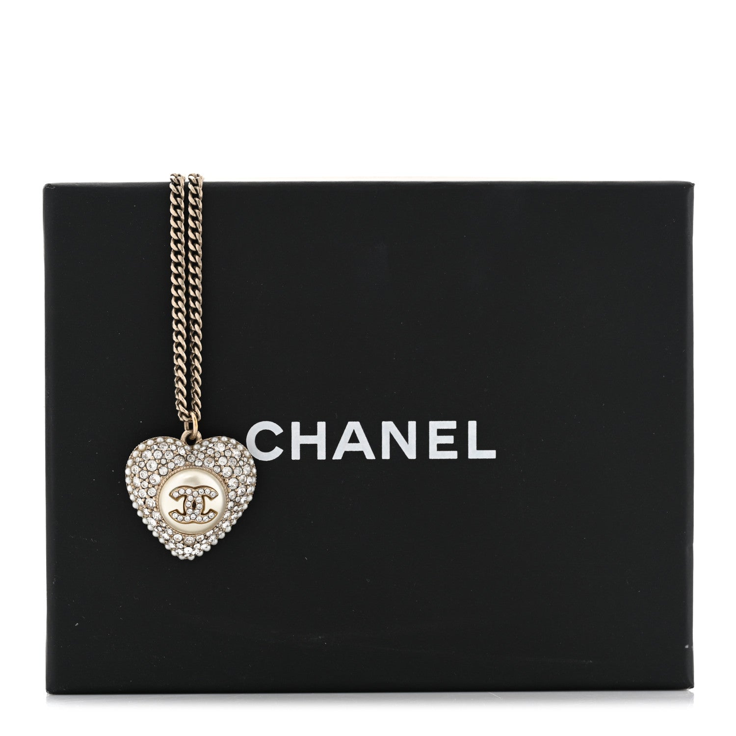 Chanel Pearl Crystal CC Heart Necklace Gold Pearly White 7 of 7