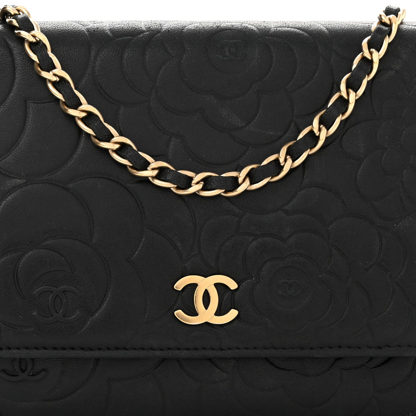 Lambskin Camellia Embossed Wallet On Chain WOC Black