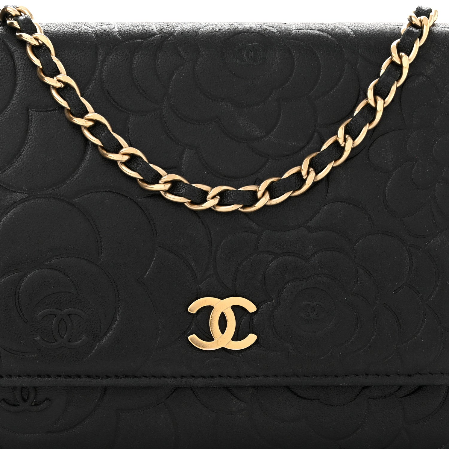 Chanel Lambskin Camellia Embossed Wallet On Chain WOC Black 9 of 11