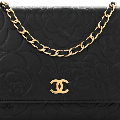 Chanel Lambskin Camellia Embossed Wallet On Chain WOC Black 9 of 11