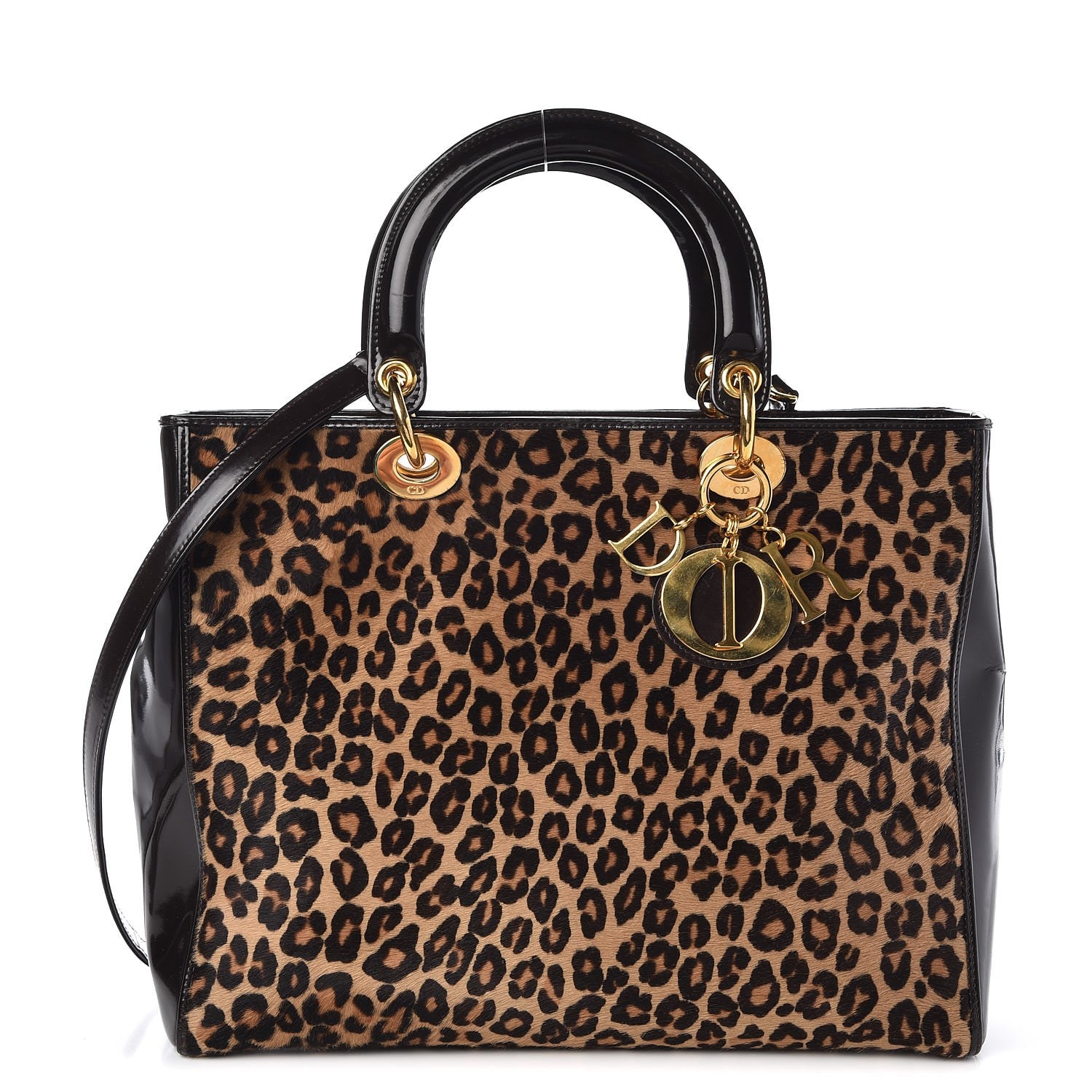 Christian Dior Patent Pony Hair Leopard Print Large Lady Dior Brown 1 of 12